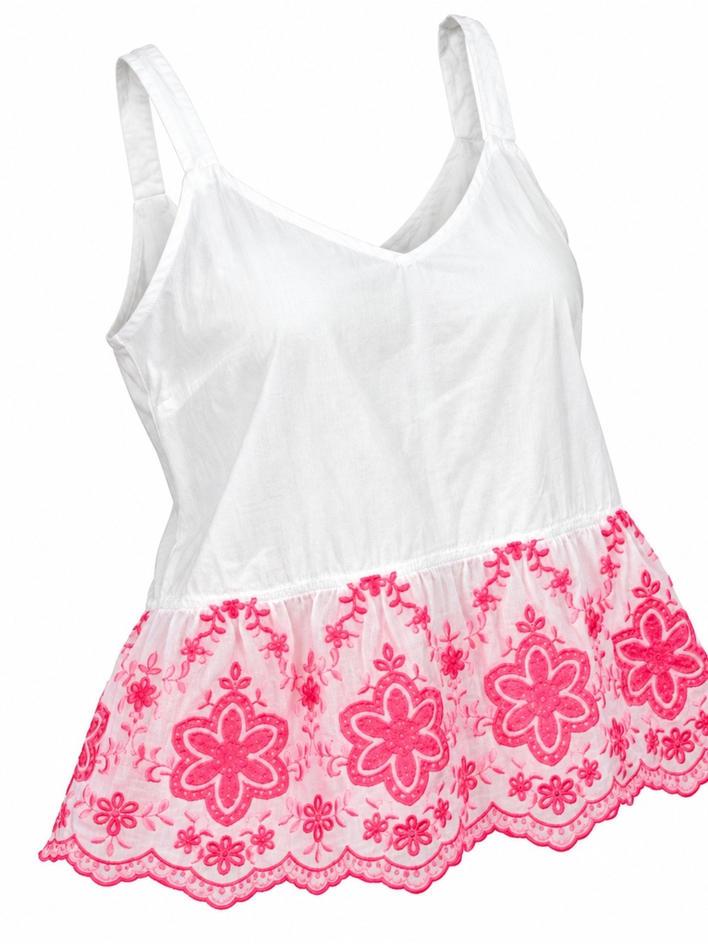Tobi White Tank Top with Pink Floral Embroidered Hem